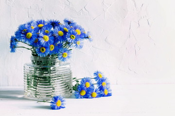 Blue flowers on a white wooden table background with copy space. Home floral interior. 