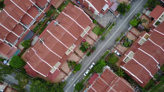 Overhead aerial view of private homes in suburban district in Singapore