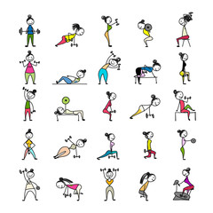 Fototapeta premium Girls doing sport exercises, sketch for your design