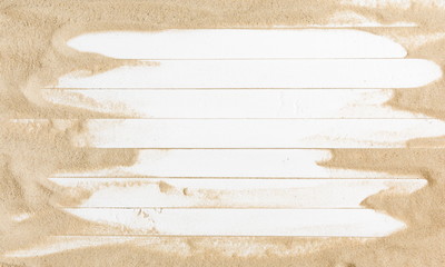 Sand on a white planked wood. Summer background. Flat lay, top view, copy space  - Powered by Adobe