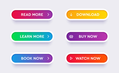 Set of vector modern material style buttons. Different gradient colors and icons on white forms with shadows.