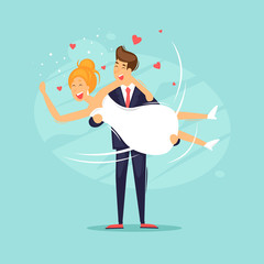 Wedding, the bridegroom holds the bride in her arms. Flat design vector illustration.