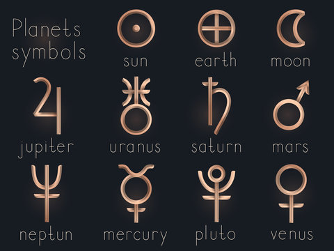 Vector set of Gold astrological planets symbols. Signs collection: sun, earth, moon, saturn, uranus, neptune, jupiter, venus, mars, pluto, mercury.
