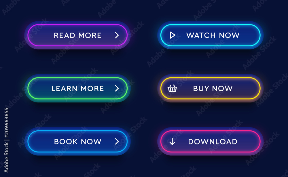Fototapete Set of vector modern neon glowing buttons. Different colors of tubes and icons on dark rounded forms.