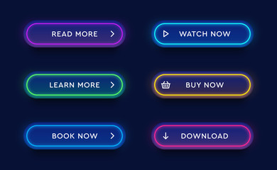 Set of vector modern neon glowing buttons. Different colors of tubes and icons on dark rounded forms.