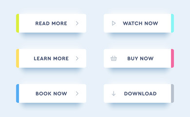 Set of vector modern material style buttons. Different colors of elements and icons on white forms with shadows.