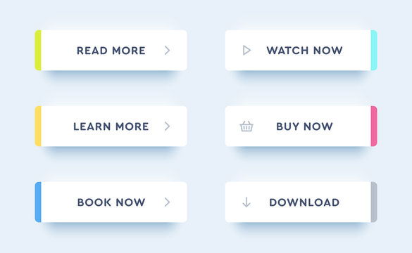 Set of vector modern material style buttons. Different colors of elements and icons on white forms with shadows.