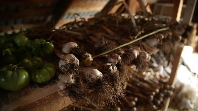 Tomatoes and garlic on a shelf