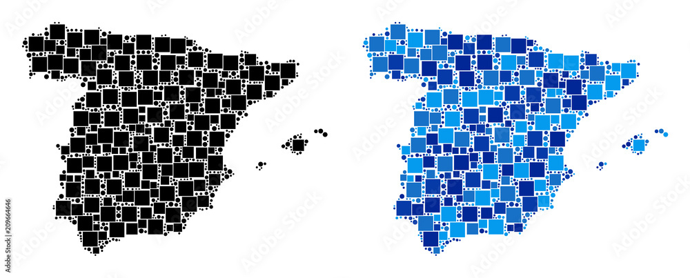 Poster dot spain map versions. abstract geographic map version done with cold blue color tints. vector coll