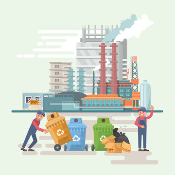 Garbage container vector illustration in modern style. Trash can set with rubbish. Refuse processing plant