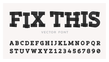 Vector font made of black insulating tape. Latin alphabet from A to Z and numbers from 0 to 9 made of adhesive dark tape.