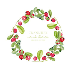 Watercolor cranberry wreath, frame border, hand painted on a white background