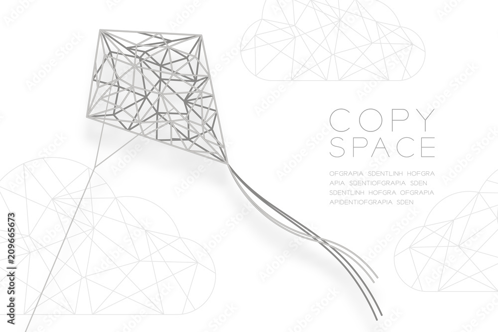 Poster diamond kite and cloud wireframe polygon silver frame structure, business structure concept design i