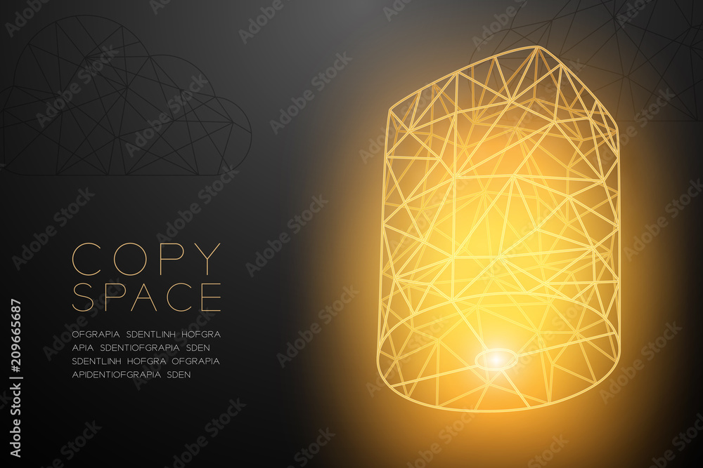 Poster balloon lantern and cloud wireframe polygon golden frame structure, loy krathong concept design illu