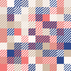 Navy blue, coral red and gold colors. Random colored abstract geometric mosaic pattern background