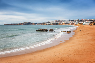 Beach Albufeira, Portugal, the beautiful coast of the Atlantic Ocean, sandy beach, a popular...