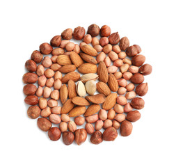 Composition with different nuts on white background