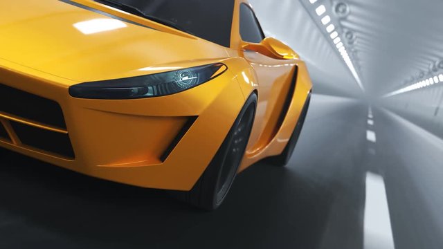 Orange sports car speeding through a modern tunnel low angle close-up