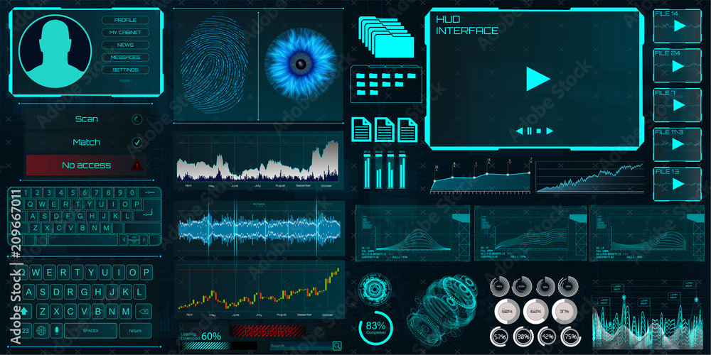Poster HUD UI for business app. Interface elements (Identity, fingerprint and retina check, statistics and charts and elements interface in HUD style) technology elements vector  collection