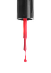 Brush with dripping nail polish on white background
