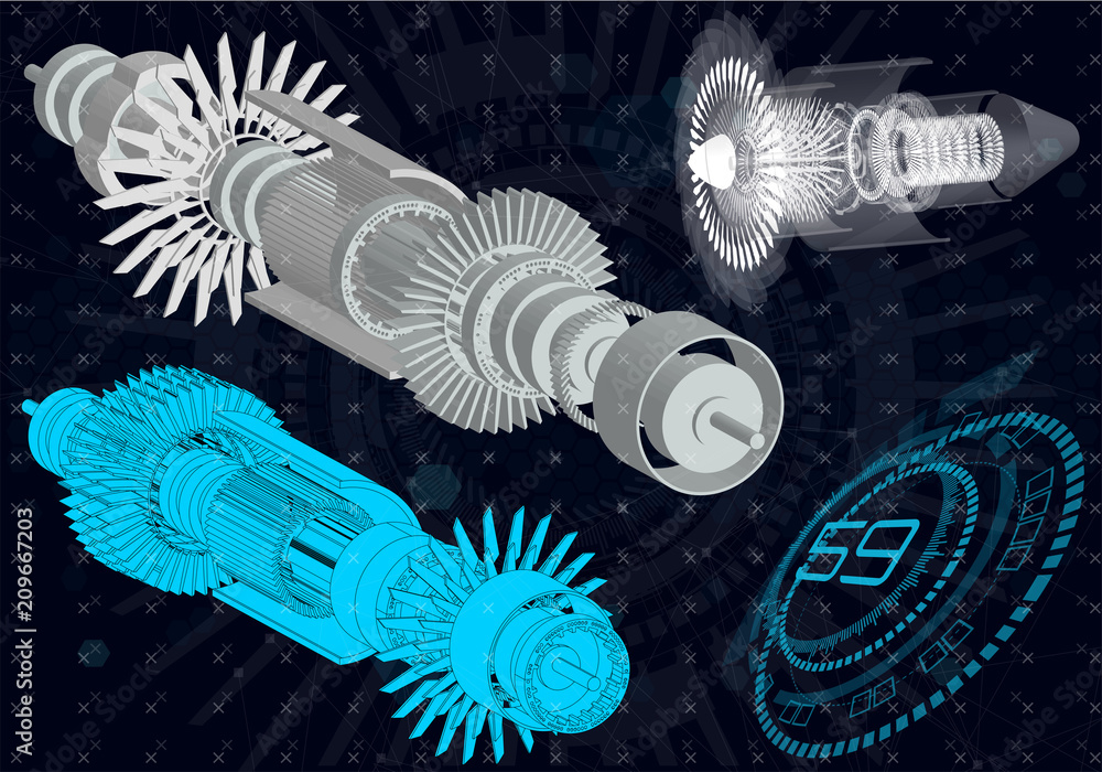 Aufkleber mechanical diagram, vector drawing with circles and geometric parts of the mechanism. engine, future