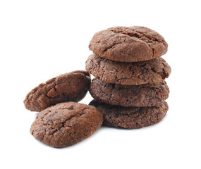 Delicious chocolate cookies on white background