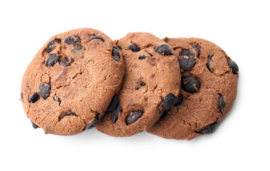 Delicious chocolate cookies on white background