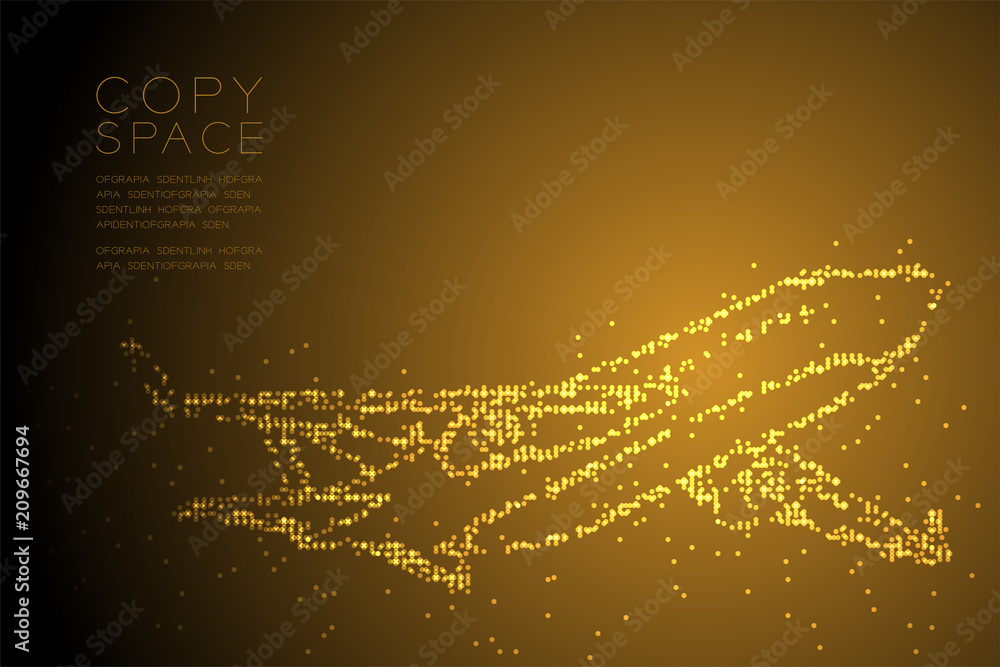 Poster abstract geometric circle dot pixel pattern airplane shape, transportation concept design gold color