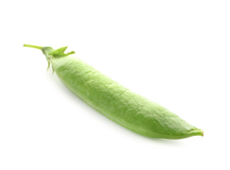 Pod with fresh green peas on white background