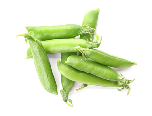 Pods with fresh green peas on white background