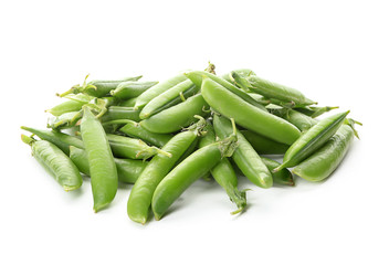Pods with fresh green peas on white background