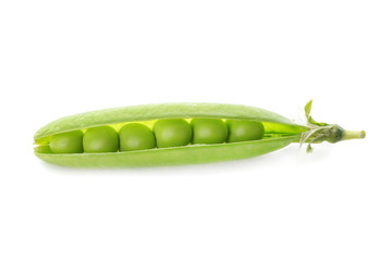 Pod with fresh green peas on white background