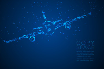 Abstract Geometric Circle dot pixel pattern Airplane shape, transportation concept design blue color illustration isolated on blue gradient background with copy space, vector eps 10