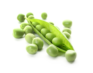 Pod with fresh green peas on white background