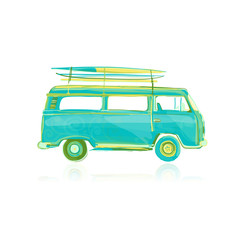 Retro bus with surfboards, sketch for your design