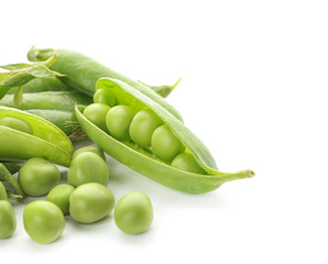 Pods with fresh green peas on white background