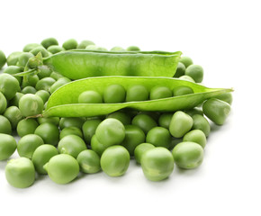 Pods with fresh green peas on white background