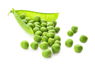 Fresh green peas on white background