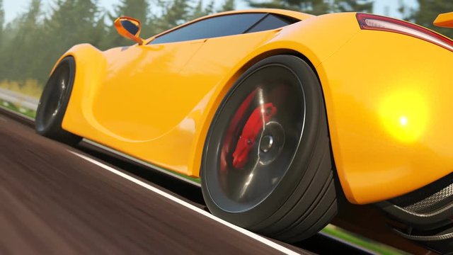 Sports car driving fast through the forest. High speed automotive concept.