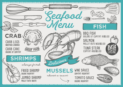 Seafood restaurant menu. Vector food flyer for bar and cafe. Design template with vintage hand-drawn illustrations.