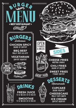 Burger restaurant menu. Vector food flyer for bar and cafe. Design template with vintage hand-drawn illustrations.