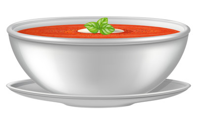 Tomato soup in a white bowl. Vector illustration.