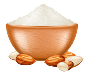 Wooden bowl with almond flour and almond nuts. Vector illustration.