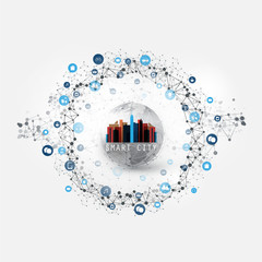 Colorful Smart City Design Concept with Icons Representing Various IoT Devices and Consumer Services - Digital Network Connections, Technology Background