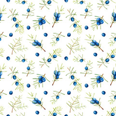 Watercolor juniper branches seamless pattern, hand painted on a white background
