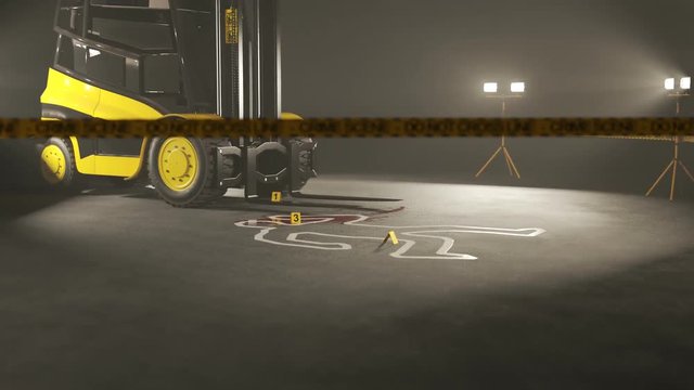 Warehouse forklift operator accident. Crime scene. Zooming in animation.