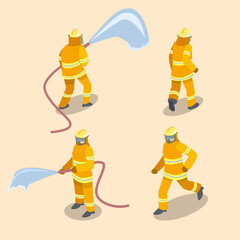 Fototapeta premium Isometric flat 3D isolated concept vector Firefighters in action.