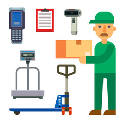 Warehouse worker shipping and delivery flat elements storage business industry vector illustration.