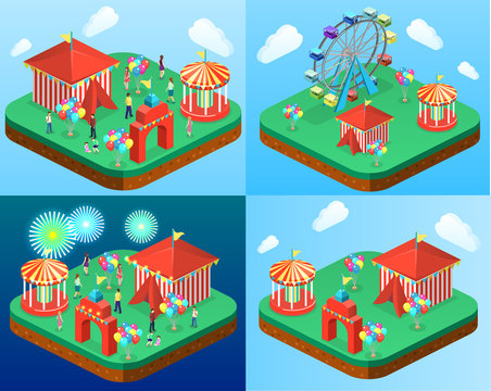 Isometric flat 3D vector city banners with carousels. amusement park