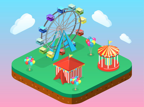 Isometric flat 3D vector city banners with carousels. amusement park